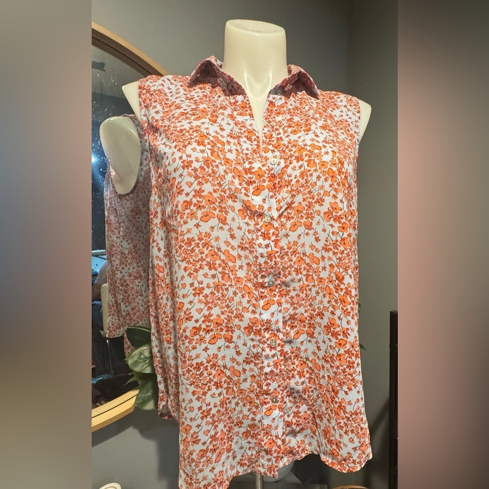Floral Sleeveless Button-Up Top - Orange